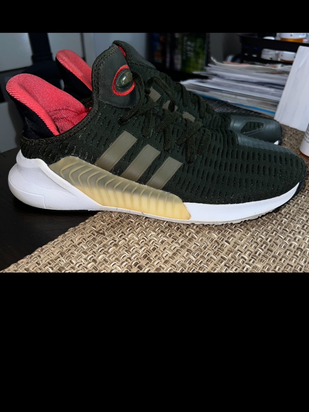 Adidas Mens Olive Green Sneakers with Coral Lining and Yellow Accent